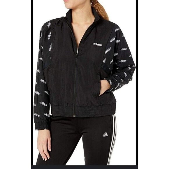 Adidas Womens Black Full-Zip Sport Track Jacket All-Over Logo & Elastic Hem M - Picture 6 of 16
